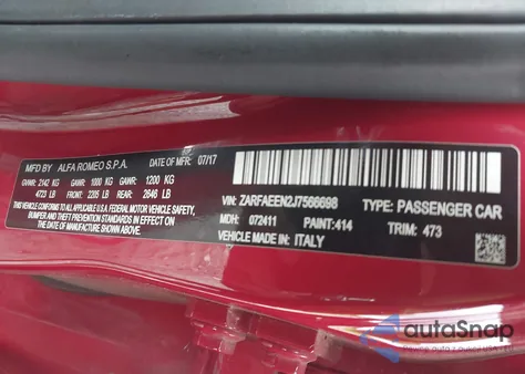 2018 Alfa Romeo Giulia Ti Sport Awd z USA, uszkodzony, nr VIN ZARFAEEN2J7566698